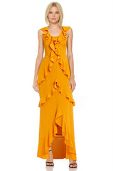Badgley Mischka Alaia Ruffled High Low Gown Marigold | Women Gowns