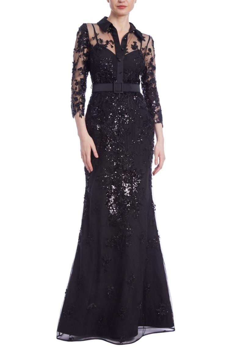 Badgley Mischka Beaded Illusion Neck Shirt Gown Black | Women Best Sellers