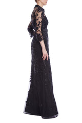 Badgley Mischka Beaded Illusion Neck Shirt Gown Black | Women Best Sellers