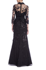 Badgley Mischka Beaded Illusion Neck Shirt Gown Black | Women Best Sellers