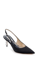 Badgley Mischka Beatrix Pointed-Toe Slingback Heels With Pearl-Beaded Heel Black | Women Best Sellers