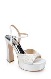Badgley Mischka Bryleigh Satin Platform Block Heels With Bejeweled Vamp Black | Women Platform