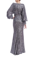 Badgley Mischka Dolman Long Sleeve Sequin Gown Pewter | Women Gowns