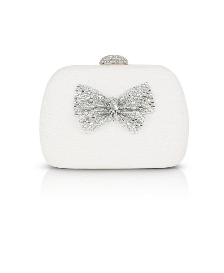 Badgley Mischka Ellie Jacquard Minaudere With Crystal Bow White | Women Evening Bags