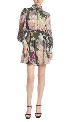 Badgley Mischka Floral Funnel Neck Dress With Illusion Sleeves Green Multi | Women Best Sellers
