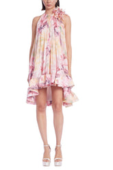 Badgley Mischka Floral High-Neck Trapeze Mini Dress With Hi-Lo Hem Pink Multi | Women Cocktail