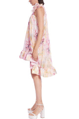 Badgley Mischka Floral High-Neck Trapeze Mini Dress With Hi-Lo Hem Pink Multi | Women Cocktail