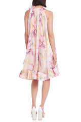 Badgley Mischka Floral High-Neck Trapeze Mini Dress With Hi-Lo Hem Pink Multi | Women Cocktail
