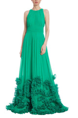 Badgley Mischka Georgette Gown With Tulle Ruffle Hem Green | Women Gowns