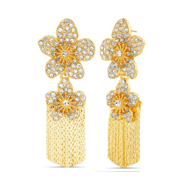 Badgley Mischka Golden Crystal-Encrusted Flowers And Chain Fringe Earrings | Women Fashion Jewelry