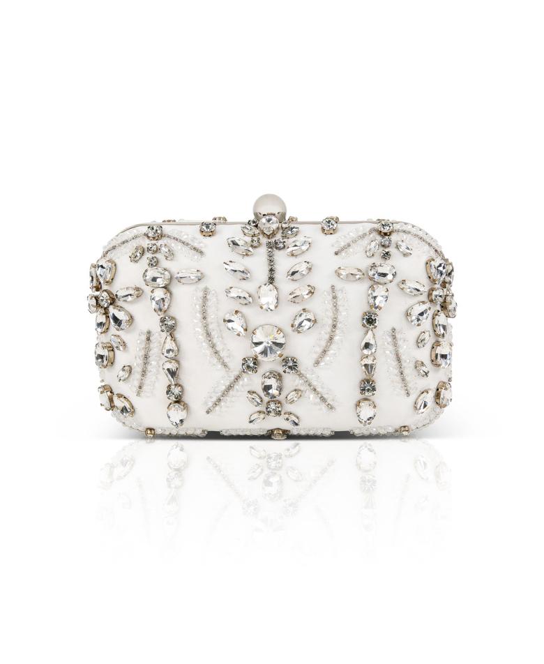 Badgley Mischka Kiara Victorian-Inspired Hand Beaded Crystal-Encrusted Minaudiere White | Women Evening Bags