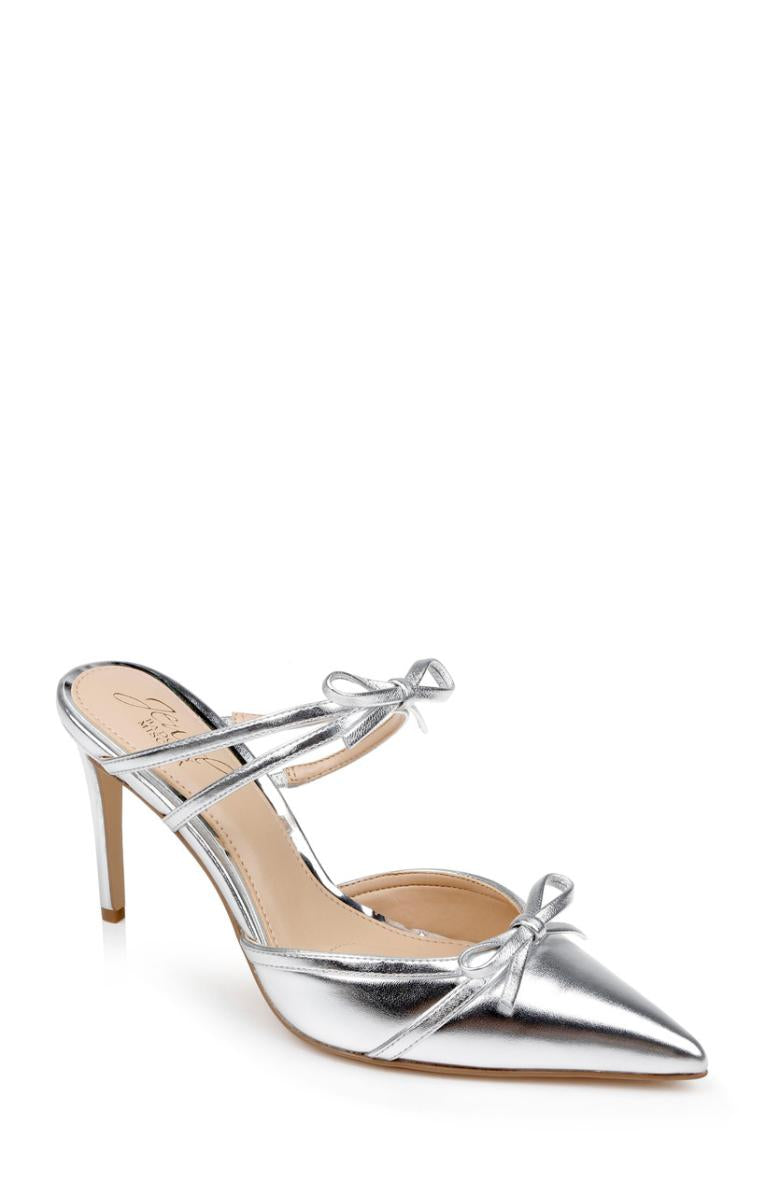 Badgley Mischka Klarise II Metallic Pointed Toe Double Bow Mules Silver | Women Stiletto
