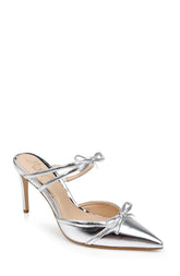 Badgley Mischka Klarise II Metallic Pointed Toe Double Bow Mules Silver | Women Stiletto