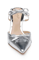 Badgley Mischka Klarise II Metallic Pointed Toe Double Bow Mules Silver | Women Stiletto