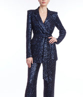 Badgley Mischka Long Sleeve Belted Wrap Sequin Blazer Navy | Women Suits