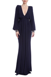 Badgley Mischka Long Sleeve Ruched Matte Jersey Gown Navy | Women Gowns