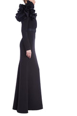 Badgley Mischka Long Sleeve Ruffle Shoulder Gown Black | Women Gowns