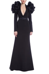 Badgley Mischka Long Sleeve Ruffle Shoulder Gown Black | Women Gowns