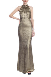 Badgley Mischka Metallic Halter Column Gown With Crystal Trim Back Gold Dark Grey | Women Gowns