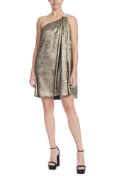 Badgley Mischka Metallic Mini One Shoulder Tent Dress With Crystal Shoulder Gold Dark Grey | Women Best Sellers