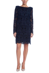 Badgley Mischka Mixed Media Boatneck Chemise Dress Navy | Women Cocktail