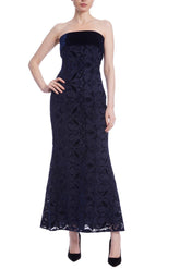 Badgley Mischka Mixed Media Strapless Midi Dress Navy | Women Gowns