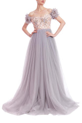 Badgley Mischka Off-the-Shoulder Embellished Bodice Empire Gown Dove | Women Gowns