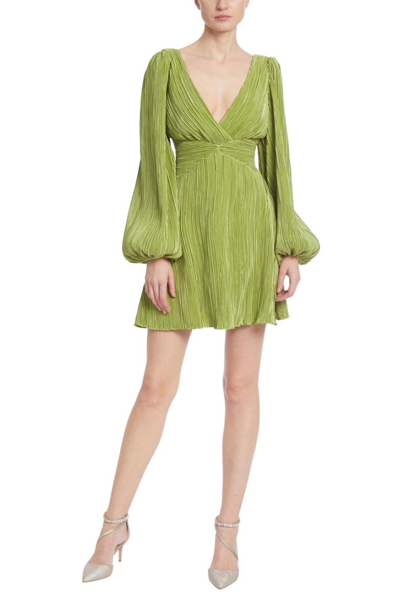 Badgley Mischka Pleated Double V Mini Dress With Balloon Sleeves Olive | Women Best Sellers