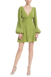 Badgley Mischka Pleated Double V Mini Dress With Balloon Sleeves Olive | Women Best Sellers