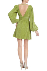 Badgley Mischka Pleated Double V Mini Dress With Balloon Sleeves Olive | Women Best Sellers