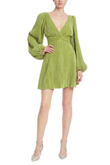 Badgley Mischka Pleated Double V Mini Dress With Balloon Sleeves Olive | Women Best Sellers