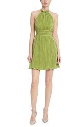 Badgley Mischka Pleated Halter-Style Mini Dress Olive | Women Cocktail
