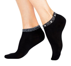 Badgley Mischka Rhinestone And Lurex Embellished Cuff Cotton Low Cut Socks Black | Women Hosiery