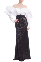 Badgley Mischka Ruffled Off The Shoulders Sequin Combo Gown Black White | Women Gowns