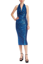 Badgley Mischka Sequined Halter Midi With Cowl Neck Sapphire | Women Cocktail