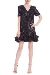 Badgley Mischka Short Sleeve Sequin Shift Dress With Flounce Hem Black | Women Cocktail