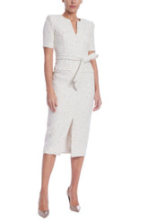 Badgley Mischka Short Sleeve Tweed Midi Dress White | Women Cocktail