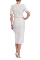 Badgley Mischka Short Sleeve Tweed Midi Dress White | Women Cocktail