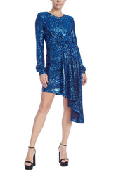 Badgley Mischka Sleeved Sequined Dress With Sash Sapphire | Women Cocktail