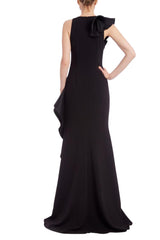 Badgley Mischka Sleeveless Column Gown With Mikado Ruffle Wrap-Around Black | Women Gowns