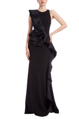 Badgley Mischka Sleeveless Column Gown With Mikado Ruffle Wrap-Around Black | Women Gowns
