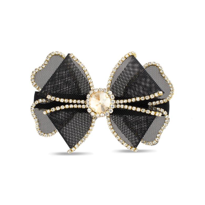 Badgley Mischka Tulle Double Bow Barrette With Stones Black | Women Hair Accessories