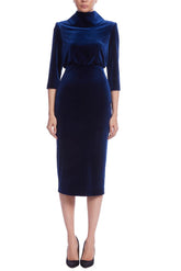 Badgley Mischka Velvet Mock Neck Blouson Sheath Dress Navy | Women Day