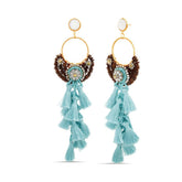 Badgley Mischka Wood Bead And Blue Raffia Tassel Earrings With Mixed Stone Accents | Women Fashion Jewelry