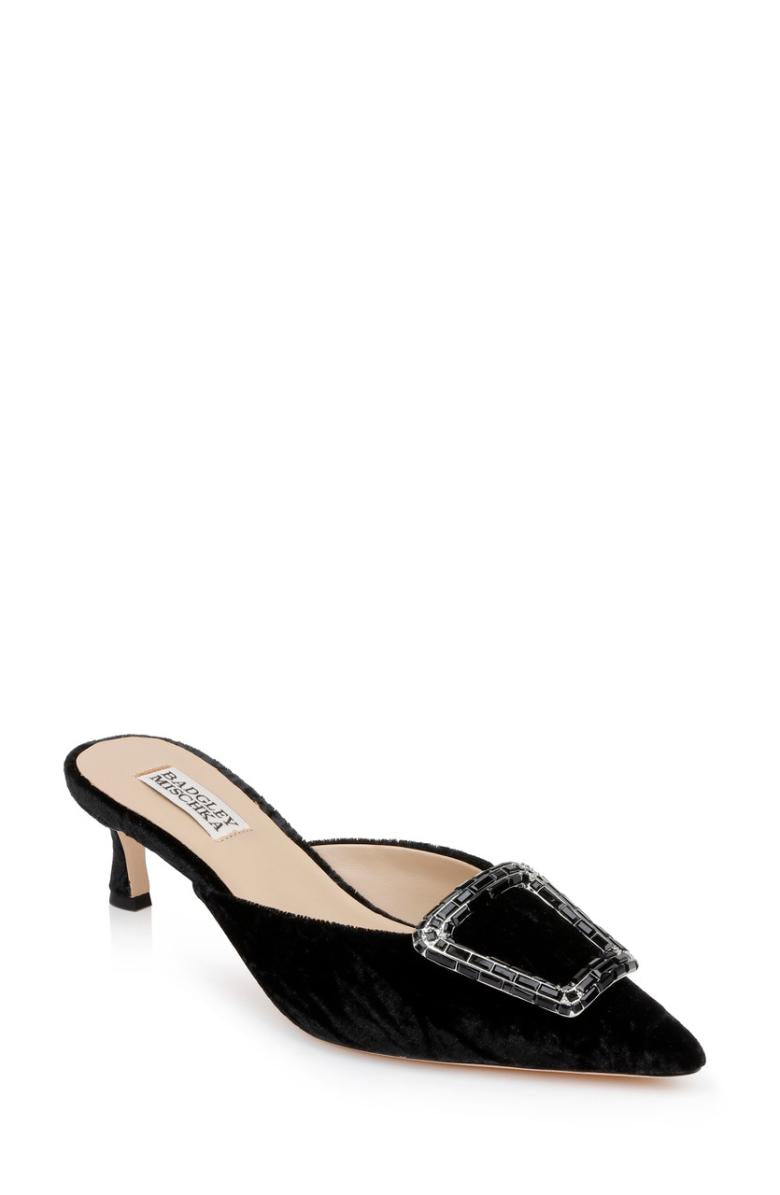 Badgley Mischka Abigayl Pointed Toe Mules Black Velvet | Women Kitten Heel