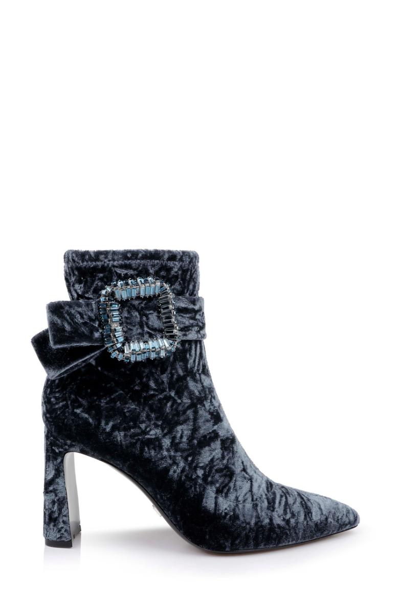 Badgley Mischka Adrian Velvet Block Heel Booties Anthracite Fabric | Women Booties &amp; Boots