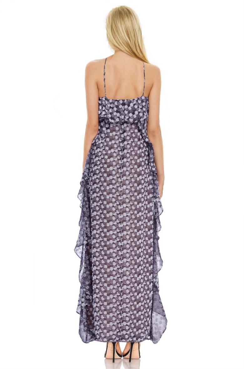 Badgley Mischka Alix Printed Popover Maxi With Ruffles Black Silver | Women Gowns