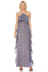 Badgley Mischka Alix Printed Popover Maxi With Ruffles Black Silver | Women Gowns