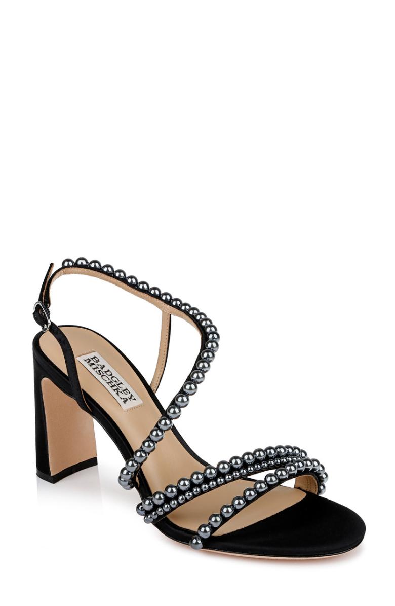 Badgley Mischka Amora Pearl Strap Block Heels Black | Women Best Sellers