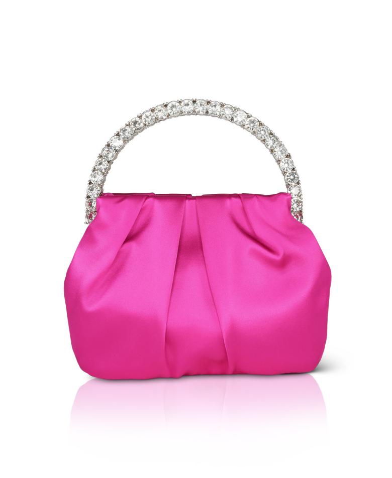Badgley Mischka Audrey Pleated Satin Pouch With Halfmoon Crystal Handle Hot Pink | Women Evening Bags